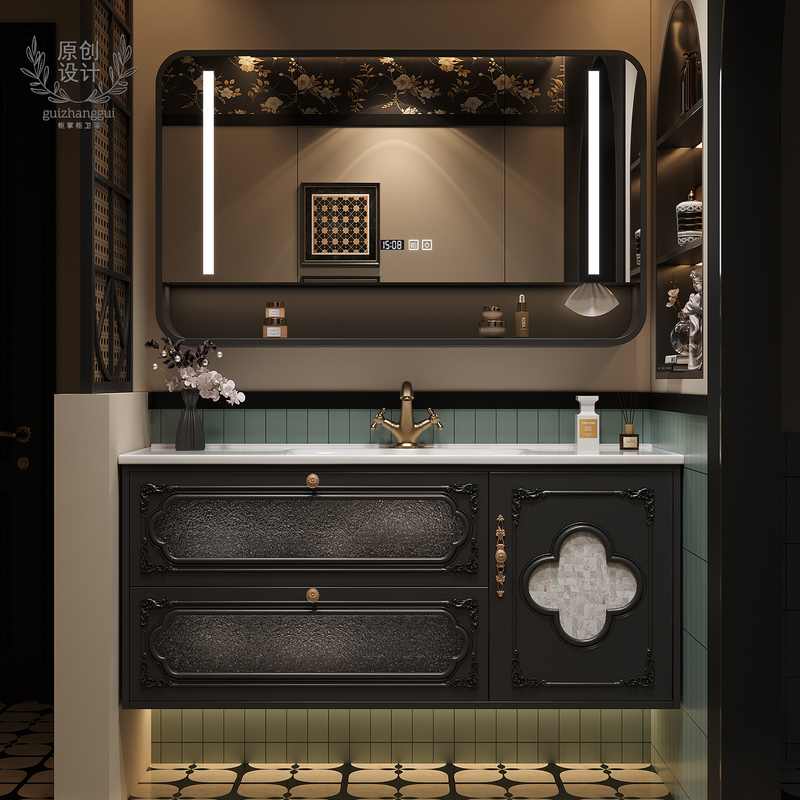 French-Style Fruit Green Oak Bathroom Cabinet Set with Integrated Ceramic Basin, Solid Wood Bathroom Vanity, Washbasin for Face and Hands