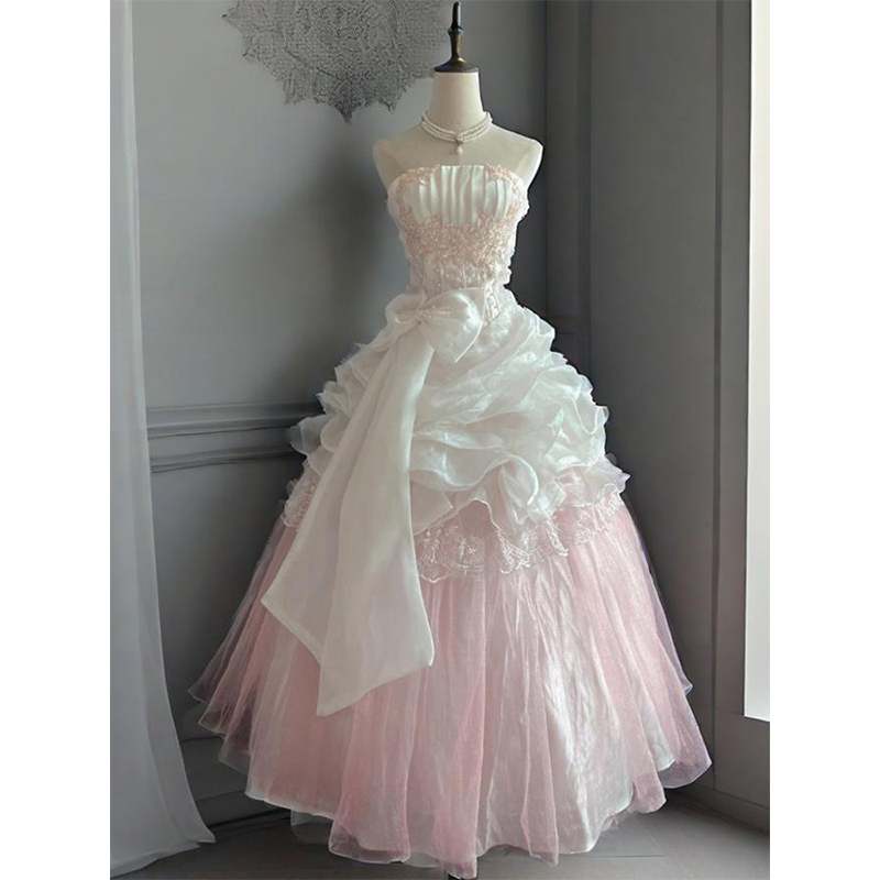 Coming-Of-Age Ceremony Dress for Female Students, Art Exam Host, Pink Strapless Super Fairy Lolita Birthday Party Princess Dress