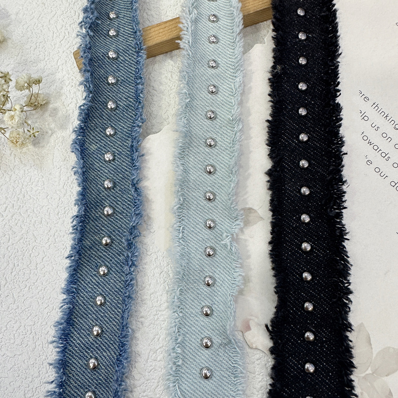 2.5cm Wide Blue Denim Fabric with Raw Edges, Lace Trim, Chanel-Style Rivets, Garment Edging Strip, Double-Sided Fringe