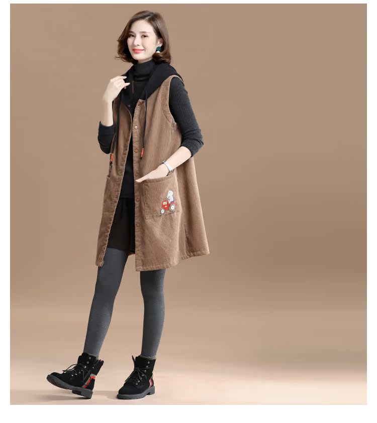 Tháng Chín Momo 2019 mùa thu và mùa đông phụ nữ mới thêu áo nhung kẻ sọc nữ vest lỏng retro áo khoác dài nữ