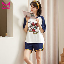 Cat man pajamas female summer cotton thin short sleeve two-piece set 2021 new round neck Japanese simple home wear