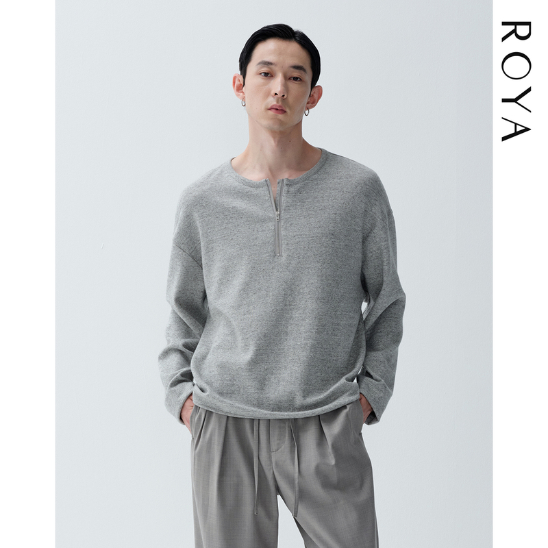 Roya |   Custom Woven Rayon Wool Blend Light Gray Half-Zip Henley Collar Long Sleeve