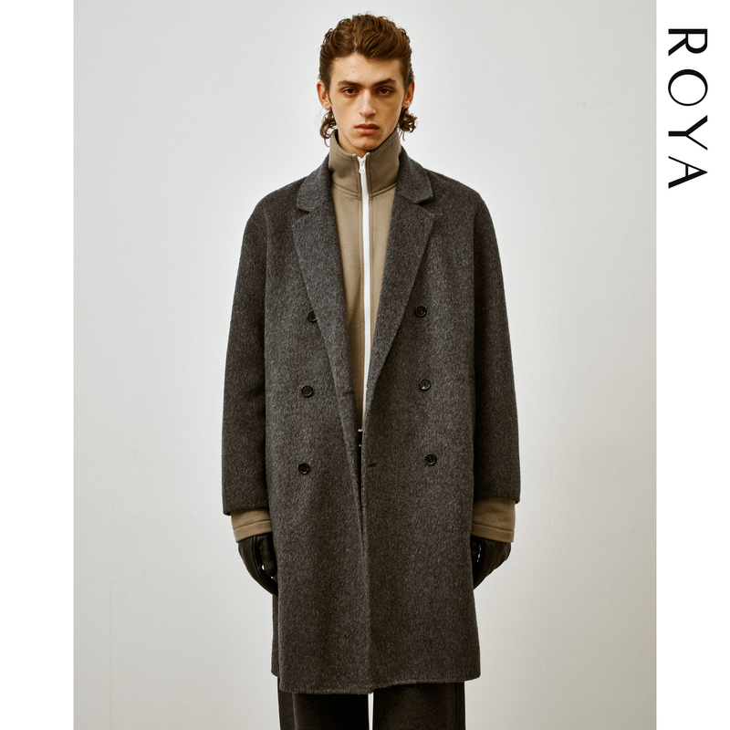 Roya｜100% Wool 850g Heavy Double-Sided Woolen Fabric Vintage Lapel Double-Breasted Long Coat for Autumn and Winter