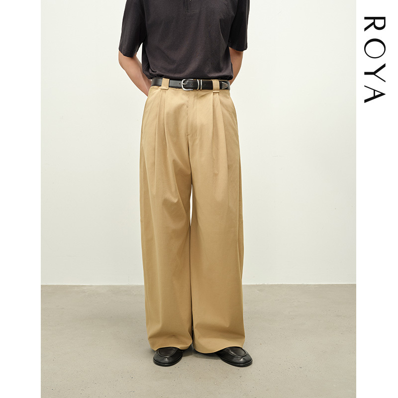Roya丨Linen-Cotton Blend Double-Pleated Wide-Leg Casual Pants with Three-Dimensional Tailoring, Workwear Aesthetics, Paratrooper Pants, Military Pants