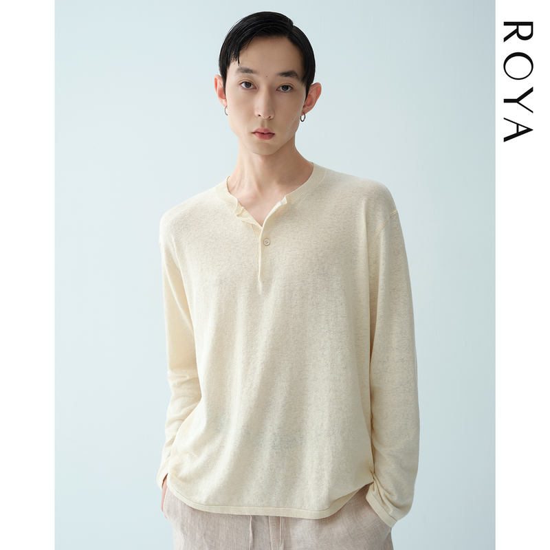 Roya |   French Imported Original Yarn Linen Xinjiang Long-Staple Cotton Blended Wool Knit Henry Collar Long Sleeves