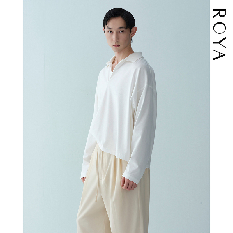 Roya |   40-Count Fine Xinjiang Long-Staple Cotton Loose-Fitting Drop-Shoulder Long-Sleeve Polo Shirt with Hidden Buttons