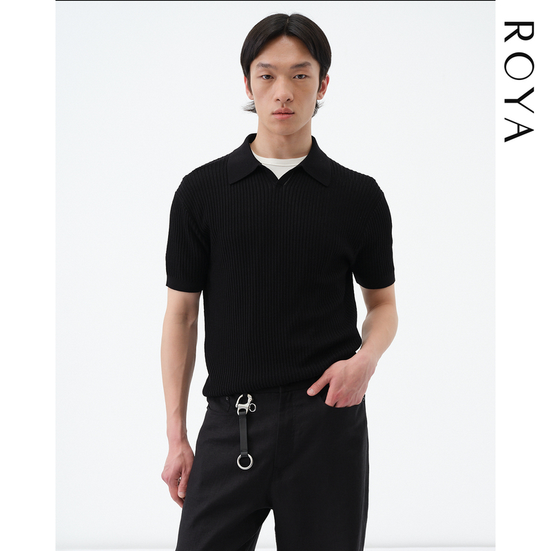 Roya | Silk-Cotton Blend Knit Polo Short-Sleeve with Ribbed Structure, Fitted Cut, Seagull Collar, Men's Summer Style Roya | Silk-Cotton Blend Knit Polo Short-Sleeve with Ribbed Structure, Fitted Cut, Seagull Collar, Men's Summer Style