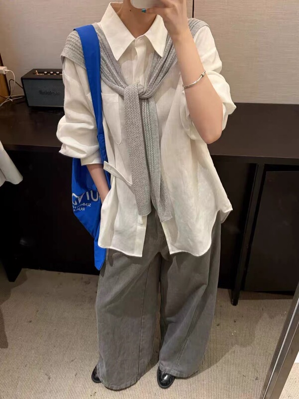 Simple Style 2026 Spring/Summer/Autumn New Gray Shawl Shirt Fashionable Women's Loose Versatile High-Quality Top