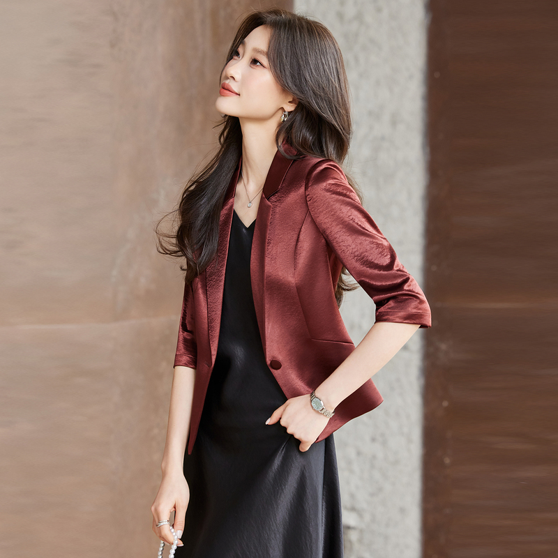 Burgundy Three-Quarter Sleeve Suit Set for Women, Two-Piece Dress Set, Spring High-End Trendy Casual Blazer