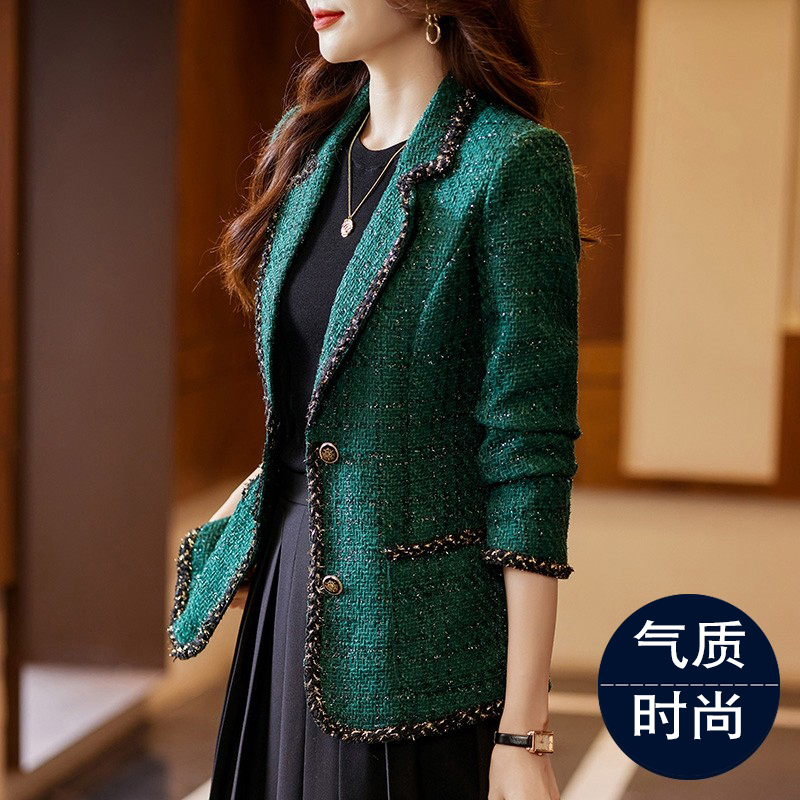 Green Tweed Blazer for Women 2026 New Spring and Autumn Tweed Jacket Trendy Women's Suit This Year