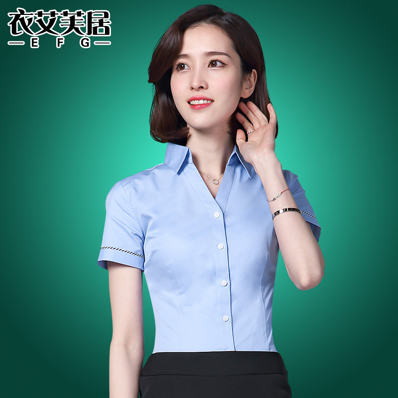 Short sleeve shirt female Career OL Overalls workwear Hanfan casual white cotton shirt new V collar positive dress