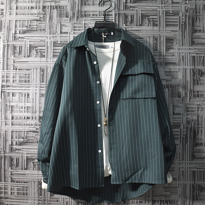 japanese vintage stripe shirt men's korean trend shirt handsome casual top net red ruffian handsome spring and autumn coat trend