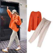 Maternity suit out of fashion 2021 autumn and winter new loose sweater knitted wool wide leg pants two-piece set