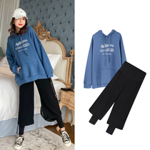 Maternity suit out of fashion models autumn and winter Western style sweater large size black wide leg pants jumpsuit two-piece set tide