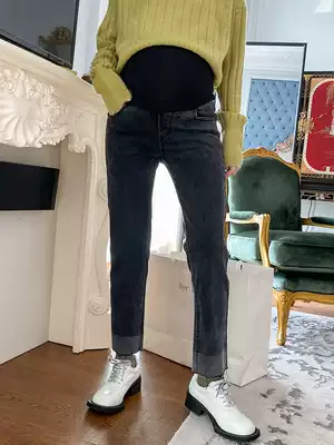 Pregnant women jeans autumn wear 2021 autumn and winter plus velvet thickened black slim tight straight pants