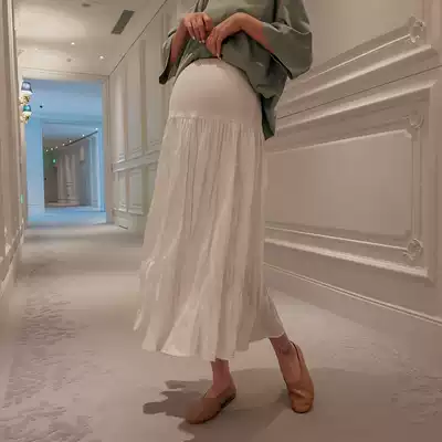 Pregnant women skirt summer 2021 new fashion White slim skirt long version of pleated loose Korean tide mom