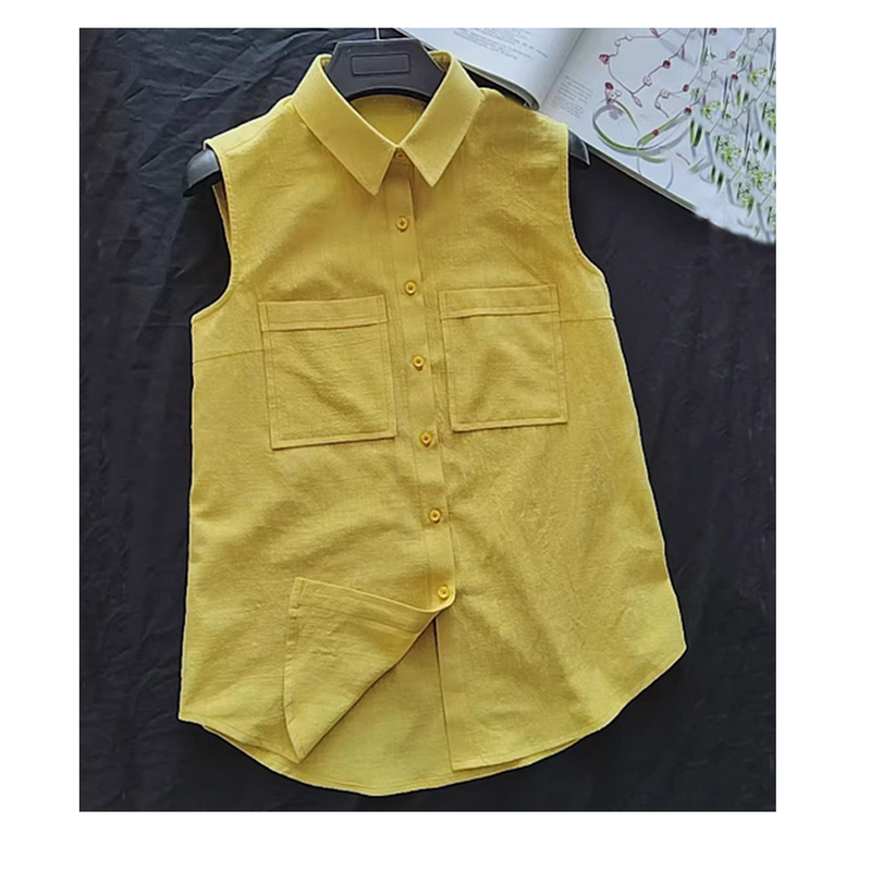 New Style Yellow Linen Sleeveless Shirt for Women, Summer Slimming Top, Base Shirt, Blouse