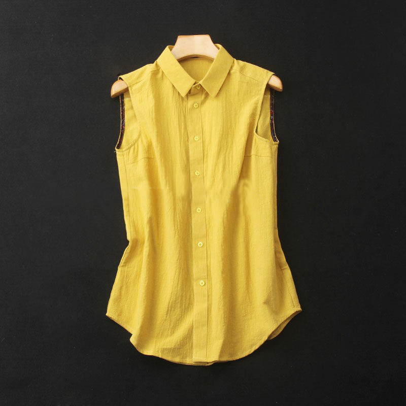 New Style Cotton and Linen Sleeveless Yellow Linen Shirt for Women, Loose Casual Top, Solid Color Lapel Autumn and Winter Base Shirt New Style Cotton and Linen Sleeveless Yellow Linen Shirt for Women, Loose Casual Top, Solid Color Lapel Autumn and Winter Base Shirt