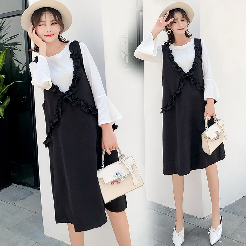 Pregnant woman Spring loaded with foreign dress Cotton Twist Fashion Floral Edge Loose Large Size Mid Spring Autumn Jacket Vest Skirt