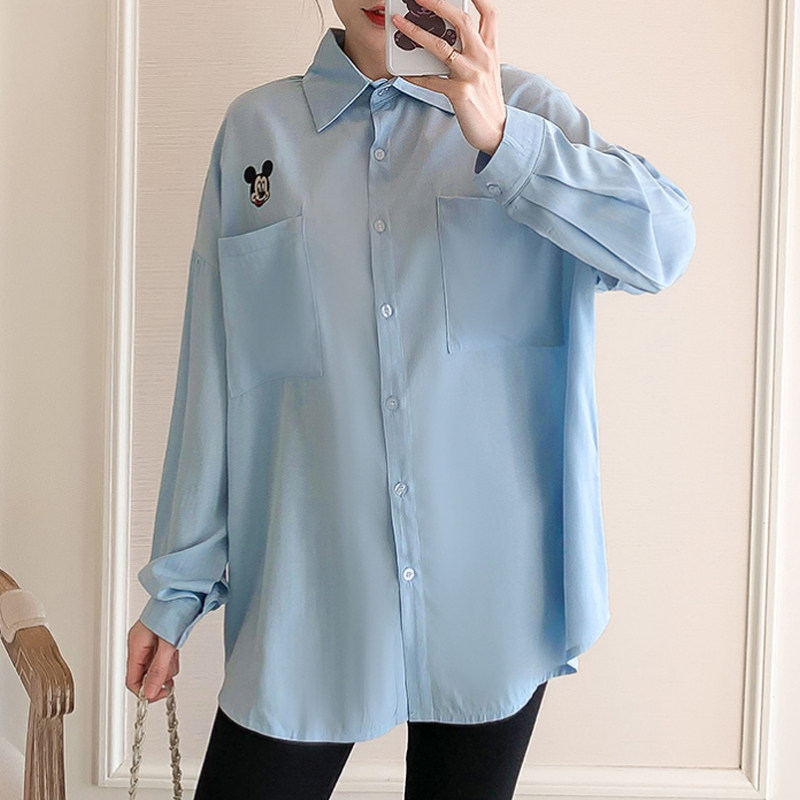 Pregnant Woman Medium Long Version Shirt 2022 Foreign Pie Outside Wearing Fashion Embroidered Blouse Pregnancy Woman Dress Spring Autumn Fluffy Snowspinning Shirt