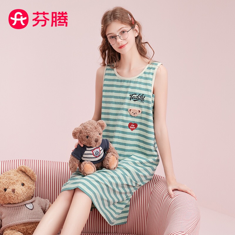 Fenteng Pure Cotton Teddy Bear Ip Summer New Round Neck Sleeveless Tank Dress Striped Nightgown Dress