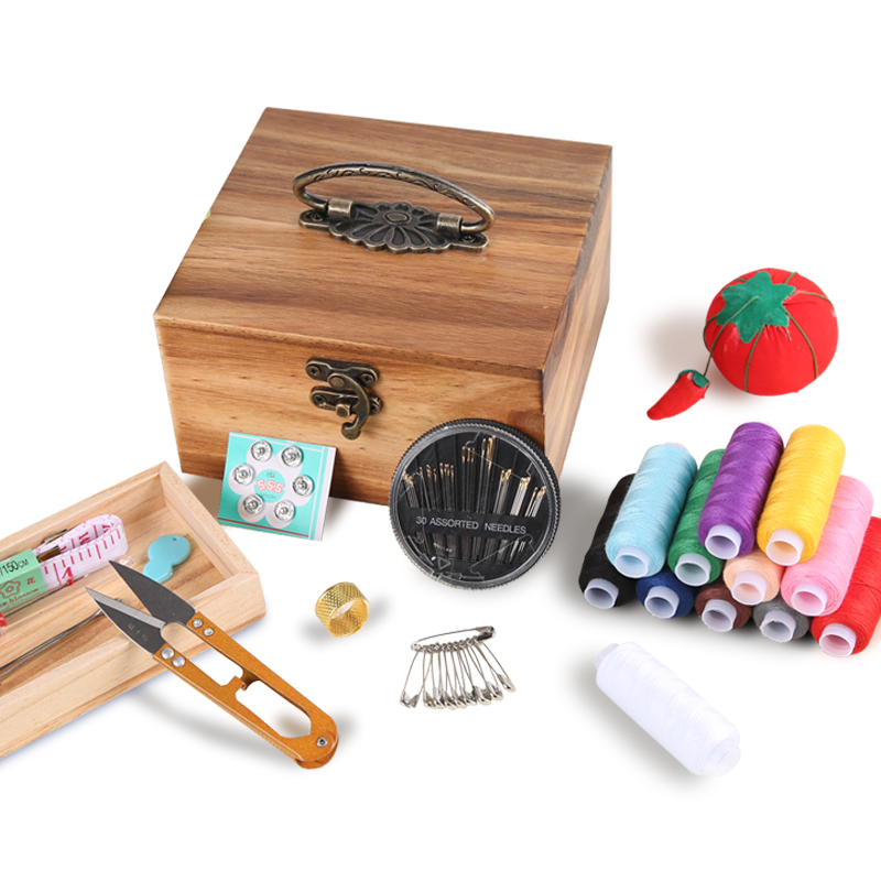 Handmade vintage solid wood small needle thread box set Household storage bag needle and thread bag hand sewing sewing tools Cute mini