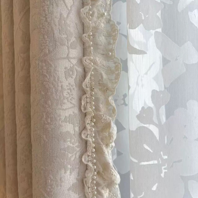 Yuxin Lily of the Valley Floral French-Style Light Luxury Spliced Lace with Rhinestones, Embroidered Ruffled Curtain Decoration Cotton and Linen Lace