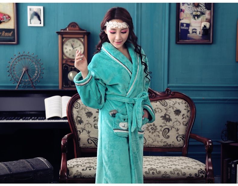 茜 靓 Áo choàng nữ mùa đông Áo choàng hoạt hình dễ thương Áo choàng dài Flannel Bộ đồ ngủ độn màu rắn Ngọc lục bảo áo choàng ngủ nam