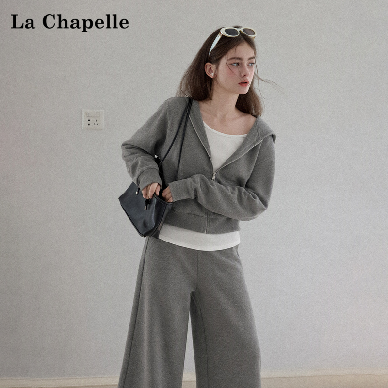 La Chapelle Hooded Zip-Up Sweatshirt Jacket for Women, Autumn White Inner Layer T-Shirt, Gray Pants Three-Piece Set