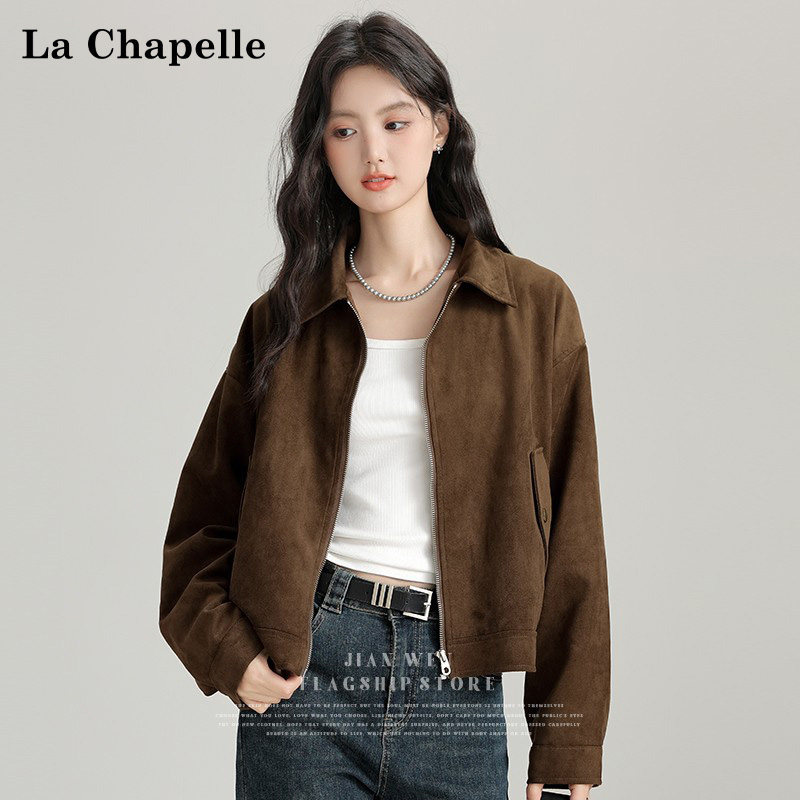 La Chapelle Brown Retro Faux Suede Lapel Jacket for Women 2026 Autumn Zipper Short Maillard Jacket