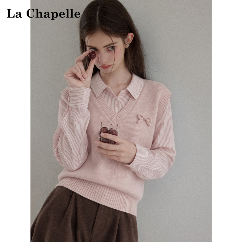 La Chapelle Striped Faux Two-Piece Shirt with Sweater Patchwork for Women, New Autumn and Winter Pink Polo Collar Knit Top