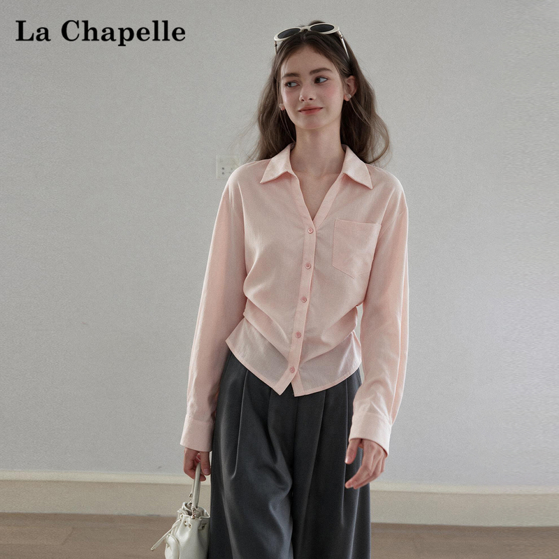 La Chapelle Pink Polo Collar Long-Sleeve Shirt for Women, Autumn 2026 New Single-Breasted Loose Top Trendy