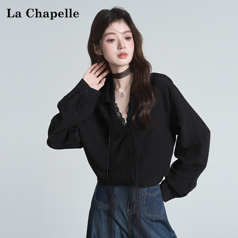 La Chapelle V-Neck Lace Design Long-Sleeve Shirt for Women, Autumn Loose Black Top, High-End Elegant Blouse La Chapelle V-Neck Lace Design Long-Sleeve Shirt for Women, Autumn Loose Black Top, High-End Elegant Blouse