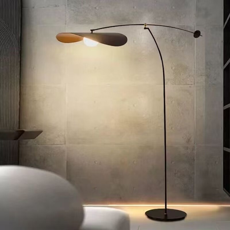 Modern Floor Lamp, Minimalist and Creative, Living Room Sofa Side Fishing Lamp, Retro Straw Hat Long Arm Wabi-Sabi Style Standing Lamp