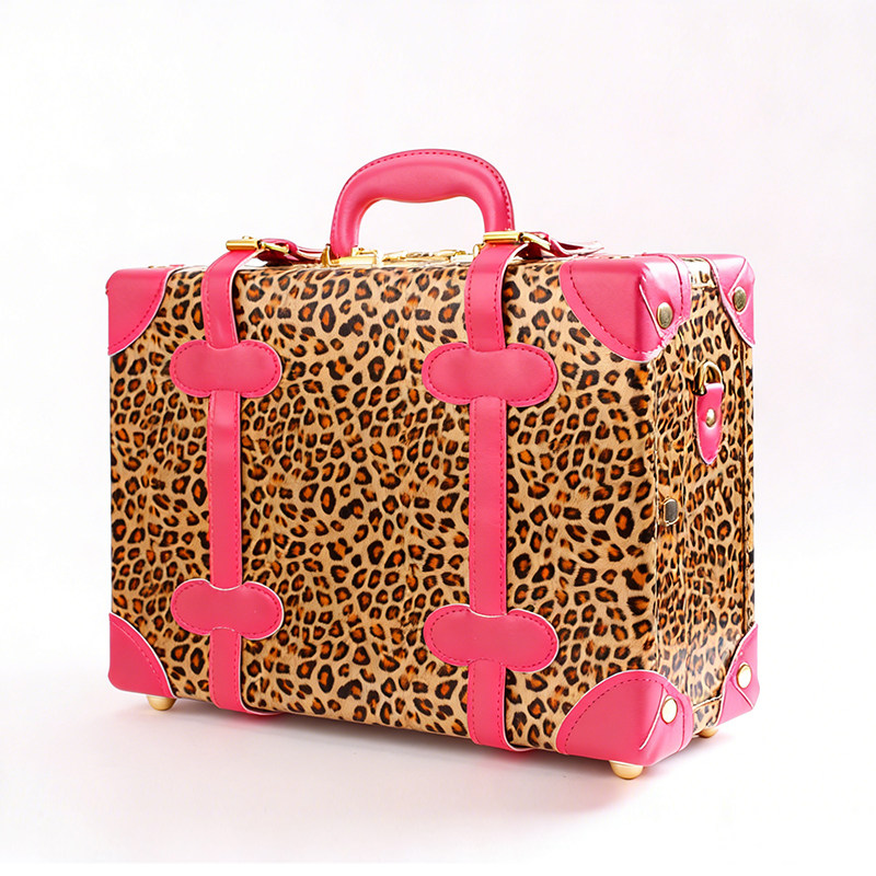 Leopard print hand-held suitcase for women, small and lightweight, 15-inch, suitable for short trips, with a retro combination lock, mini and stylish design.