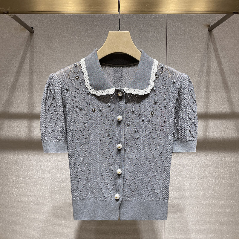 Unique Design, Beautiful Top, 2026 Summer New Style, Gray Crochet Lapel, Heavy Beading Knitwear for Women