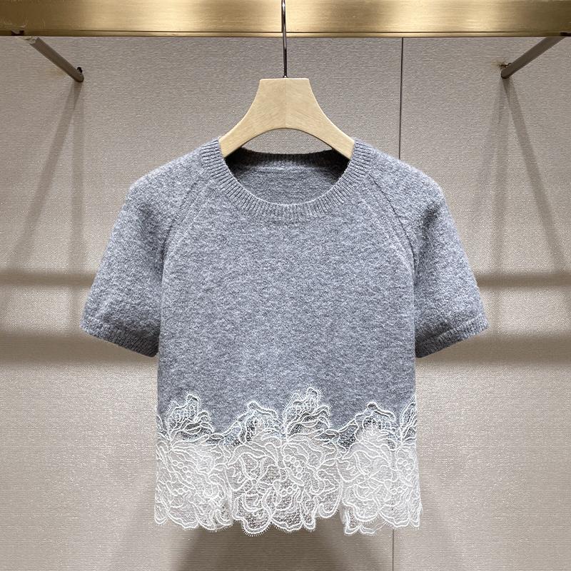 Lace Patchwork Short-Sleeved T-Shirt for Women 2025 Spring New Niche Design Fashionable Versatile Knit Top