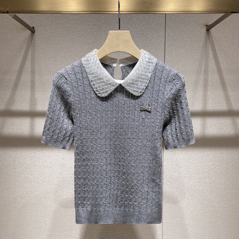 Gray Knitted Sweater Top 2026 Spring/Summer New Style Miu Series Beaded Sweet Lapel Slimming Elegant Short-Sleeved T-Shirt for Women