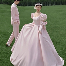 Photo Studio Theme Photo Costume Pink French Satin Sen Department Location Travel Photography Wedding Dress Trailing Puff Sleeve Dress