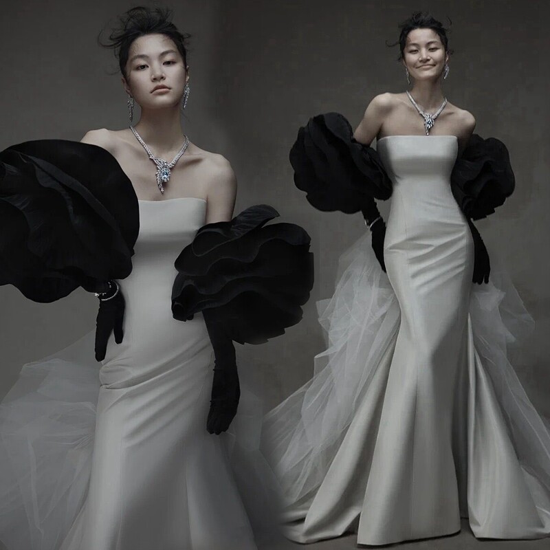 2022 new photo studio theme wedding dress simple couple photo photo photography mermaid satin gray dress