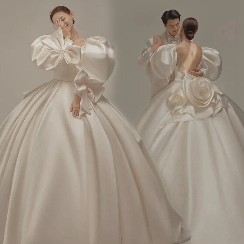 2021 photo studio theme clothing wedding photography couple photo shoot satin puff sleeve retro long-sleeved dress