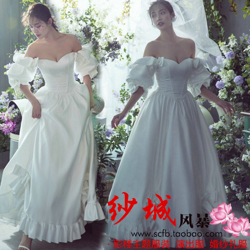 2020 new retro court Hepburn style satin wedding dress travel photography Mori studio theme clothing Korean dress