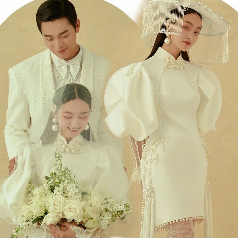 New photo studio retro cheongsam theme clothing new Chinese wedding photography couple photo photo satin short dress