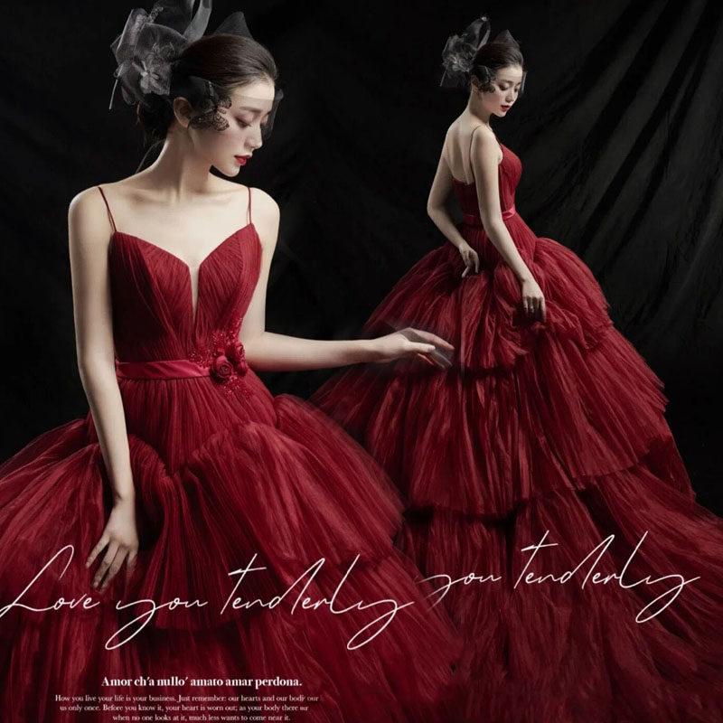 New photo studio theme clothing red forest retro trailing wedding photography couple art photo dress color yarn