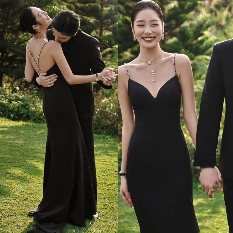 Photo Studio Theme Costumes Couple Location Travel Photography Photo Photography Suspender Dress Black Simple Mermaid Wedding Dress