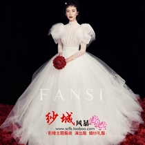 Exhibition new photo studio theme clothing bubble sleeve white wedding couple personal photo photography dress