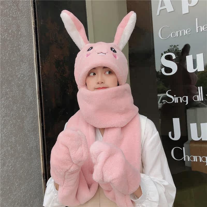 Autumn and winter women's thickened warm sports hat scarf gloves integrated neck woolen hat windproof and cold neck cover all-match