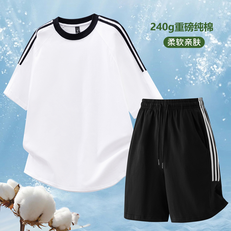 Heavyweight Pure Cotton Short-Sleeve T-Shirt Summer Sports Set for Men and Women, Breathable Casual Two-Piece Set with Shorts