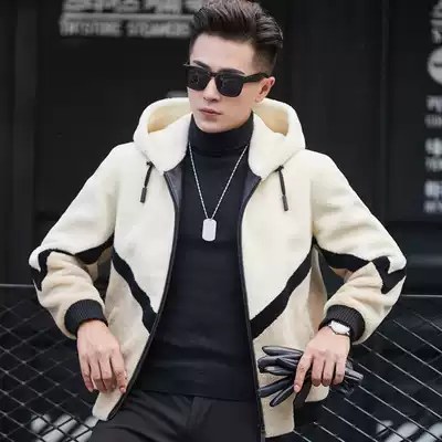Sheep shearing men's coat youth hooded one-piece lamb hair short white coat fur slim Korean handsome