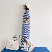 Maternity dress Pregnant summer skirt Summer T-shirt dress loose stripes hot mom long over-the-knee V-neck dress Summer dress
